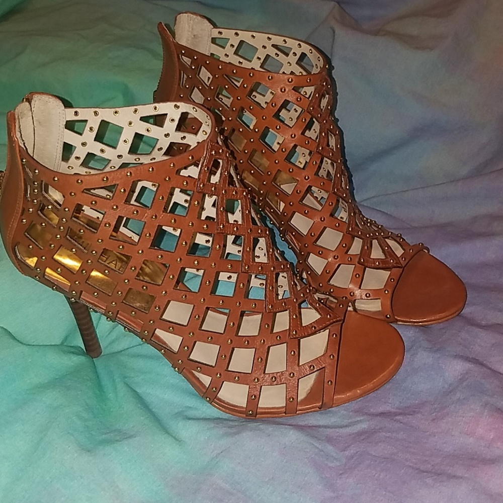 Michael Kors Camel Brown Cage Heels w/Gold Details